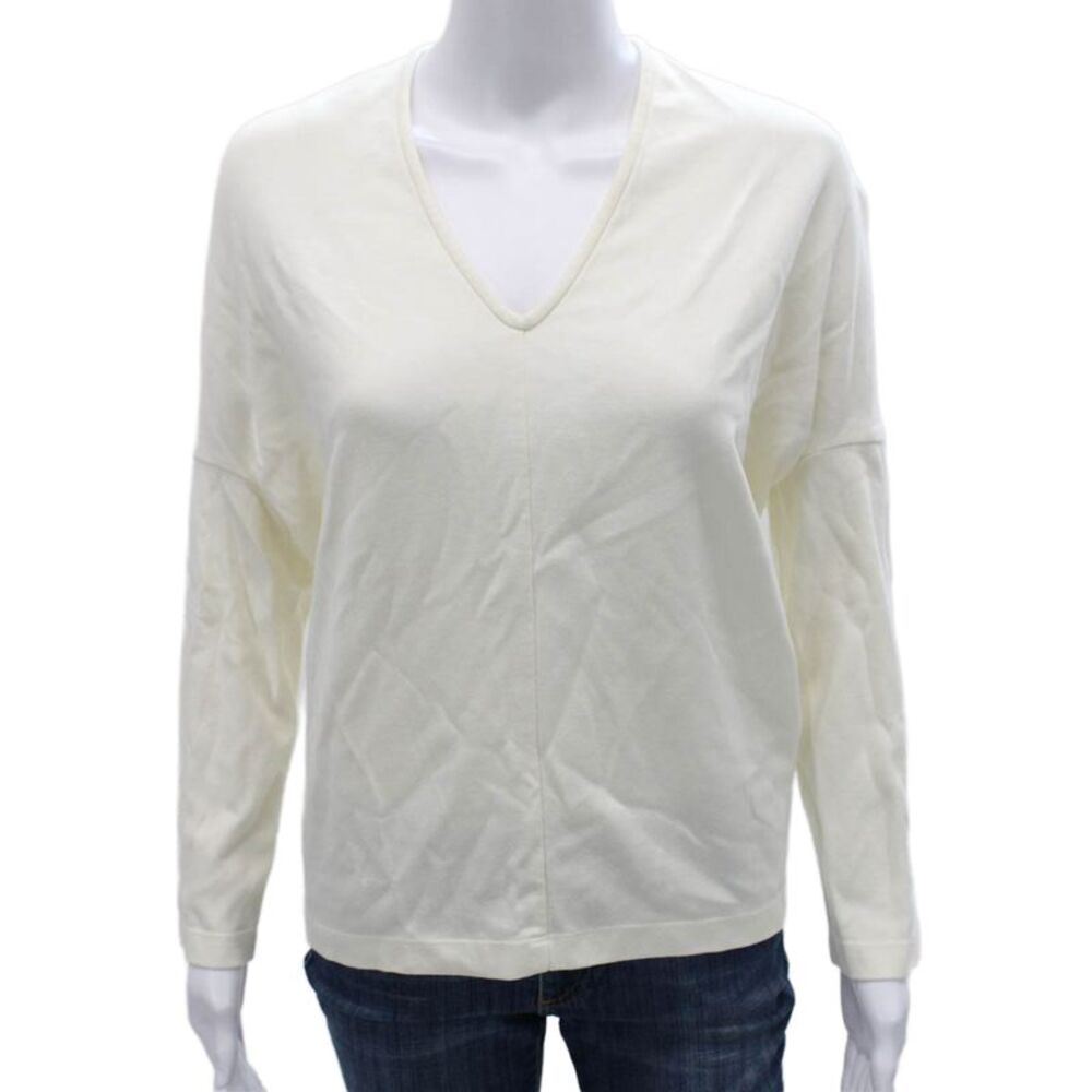 Maria + Cornejo Women Ivory Cotton V Neck Long Sleeve Basic T-Shirt Size L